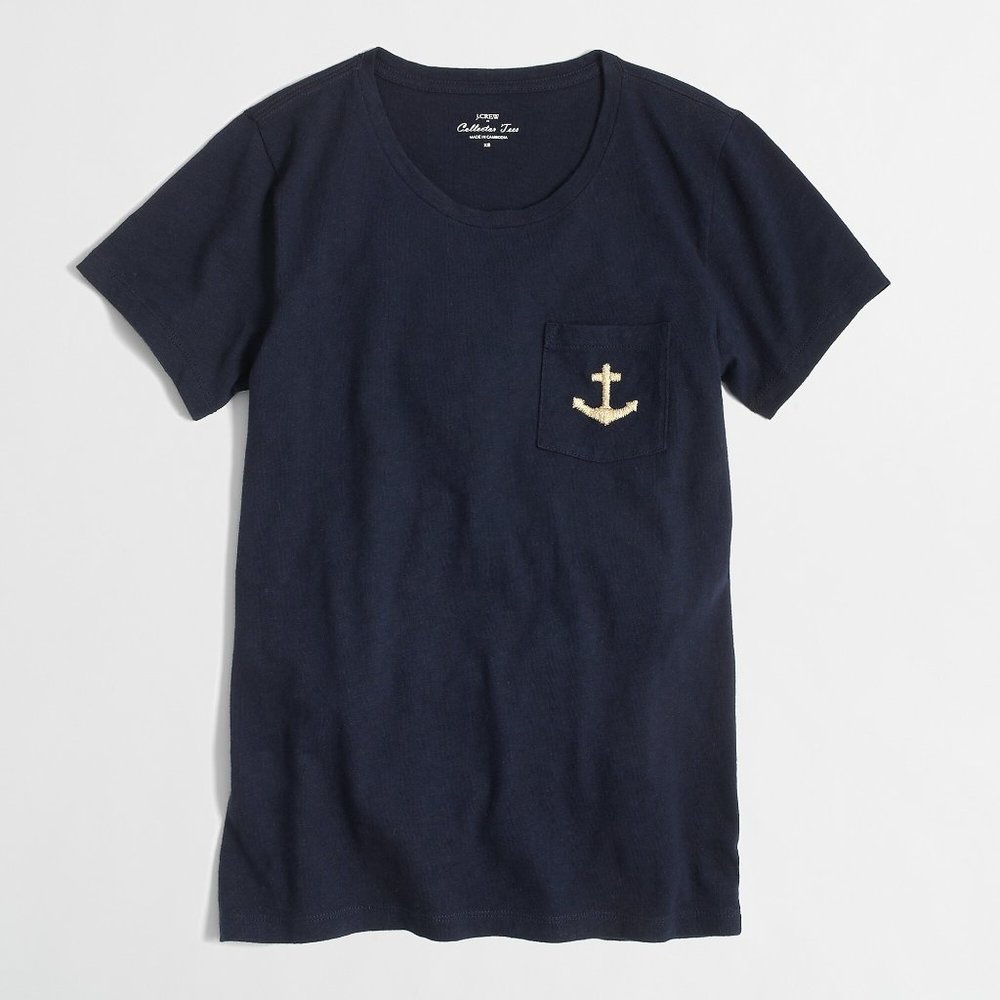 J. Crew Gold Embroidered Anchor Pocket Tee
